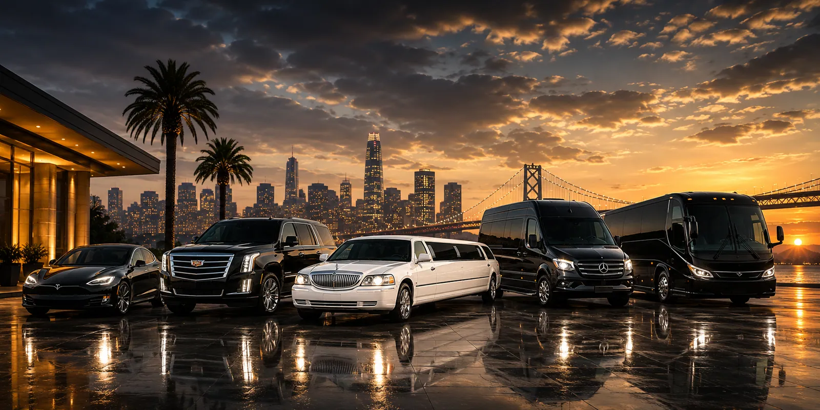 The Limousine Connections fleet lined up against the San Francisco skyline at sunset