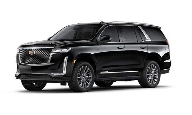 Black Cadillac Escalade luxury SUV, seats up to 6 passengers