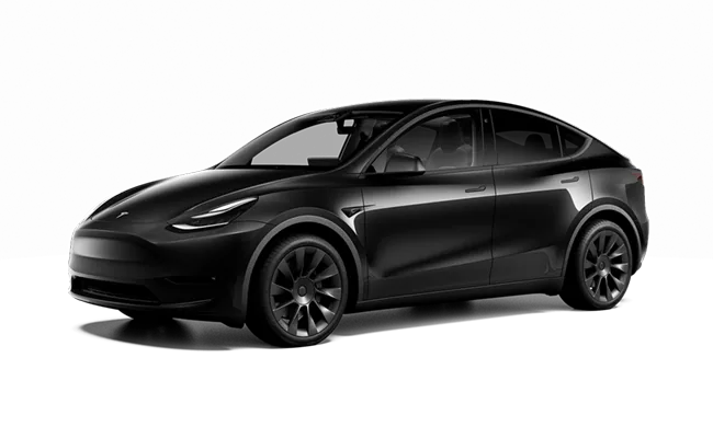 Black Tesla Model Y luxury electric sedan, seats up to 3 passengers